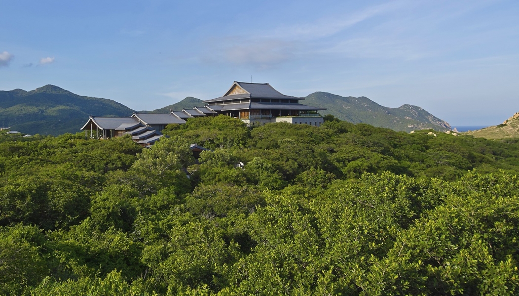 Aerial view of The Amanoi Hotel and Resort central pavilion on the hilltop